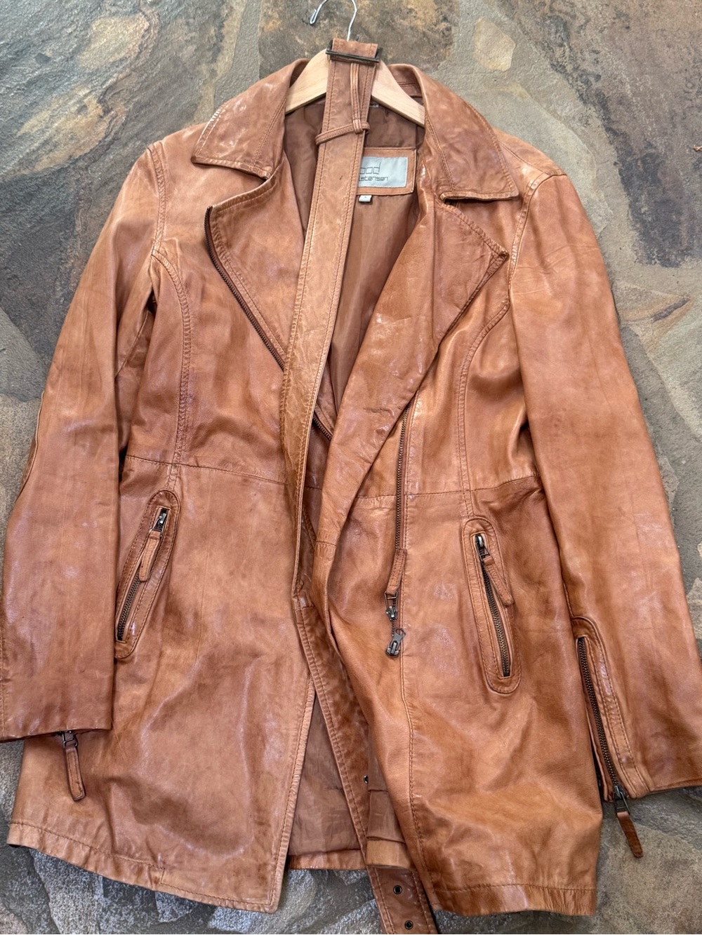 Cognac Leather Belted Moto Jacket Small